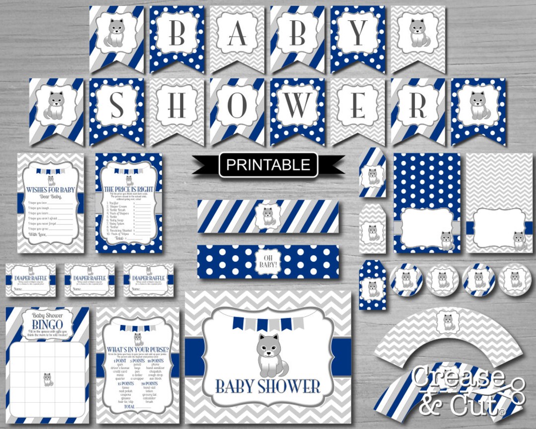 Printable Wolf Baby Shower Decorations and Games Package in Navy Blue