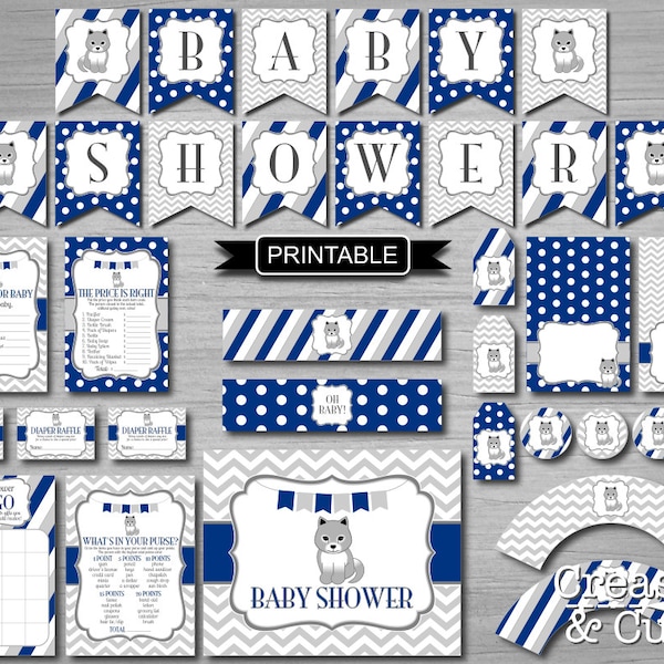 Ensemble de décorations et de jeux de douche de bébé loup imprimable en bleu marine et gris avec bannière XL 8 x 10 pouces PDF numériques imprimables bricolage