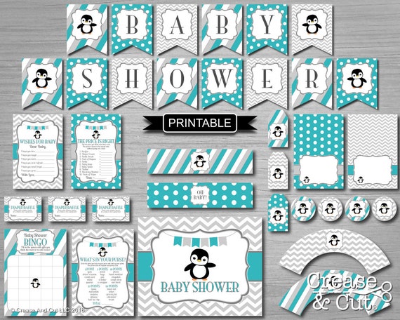 Diy Printable Teal Green Gray Penguin Themed Baby Shower Etsy