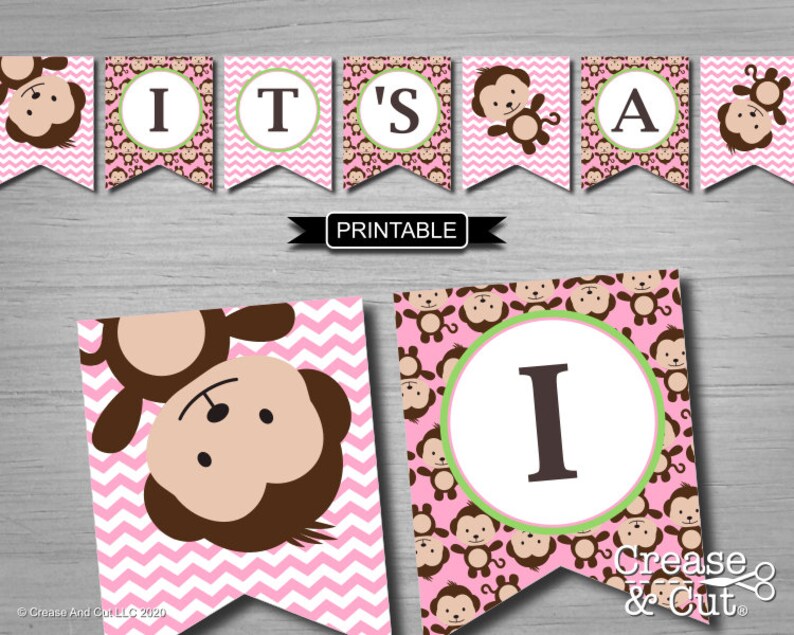 Pink Green Girl Monkey Baby Shower Banner Garland Bunting Etsy