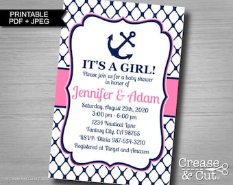 Pink Navy Blue Nautical Anchor Girl Baby Shower Invitation Printable Digital Personalized PDF and JPEG in 4x6 or 5x7 Inch Size- It's A Girl!