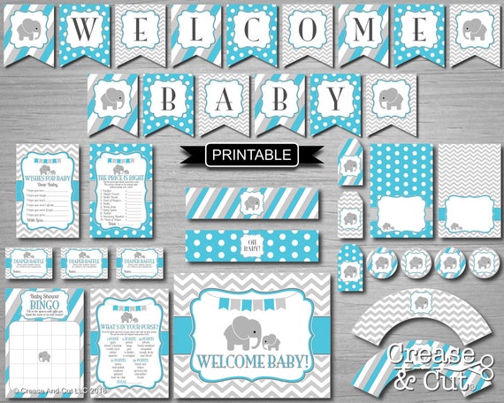 Turquoise Blue Gray Elephant Baby Shower Decorations And Games Etsy