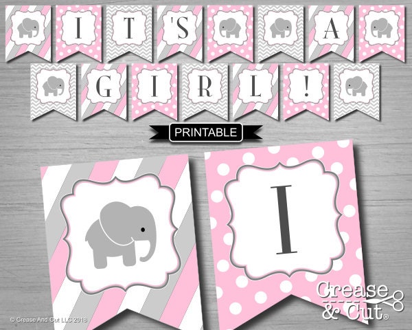 Its A Girl Banner Pink Gray Elephant Printable PDF Instant Download Baby Girl Elephant Baby Shower Decorations Banner Flags