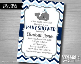 Baby Blue Dark Navy Blue Chevron Whale Baby Shower Printable Invitation Personalized Digital PDF and JPEG Files in 4x6 or 5x7 Inch Size