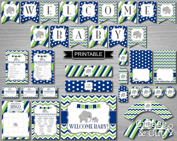 Diy Navy Blue Lime Green Elephant Baby Shower Decorations And Etsy