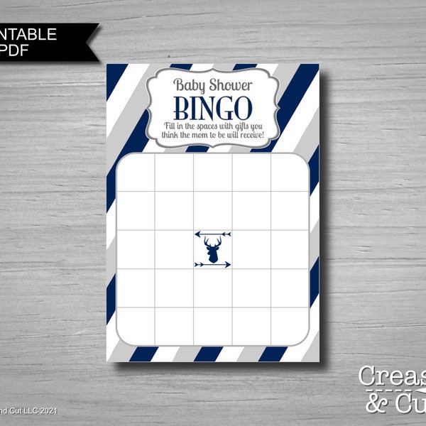 Dark Navy Blue and Gray Deer with Arrows Bingo Baby Shower Game Printable PDF Instant Download Stag Antler Arrows Deer Theme Boy Baby Shower