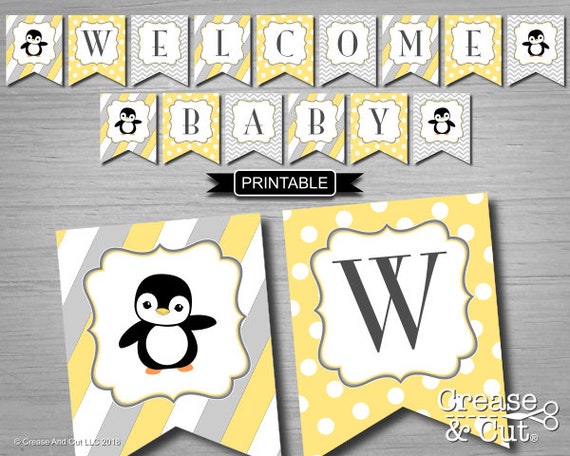 Yellow Gray Penguin Baby Shower Decorations Banner Bunting Etsy