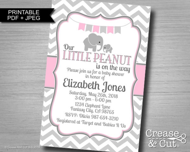 Little Peanut Elephant Baby Shower Invitation in Pink and Gray Etsy