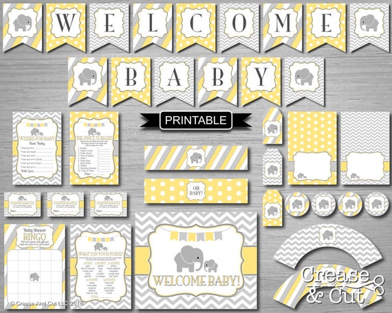 yellow and gray elephant baby shower decorations