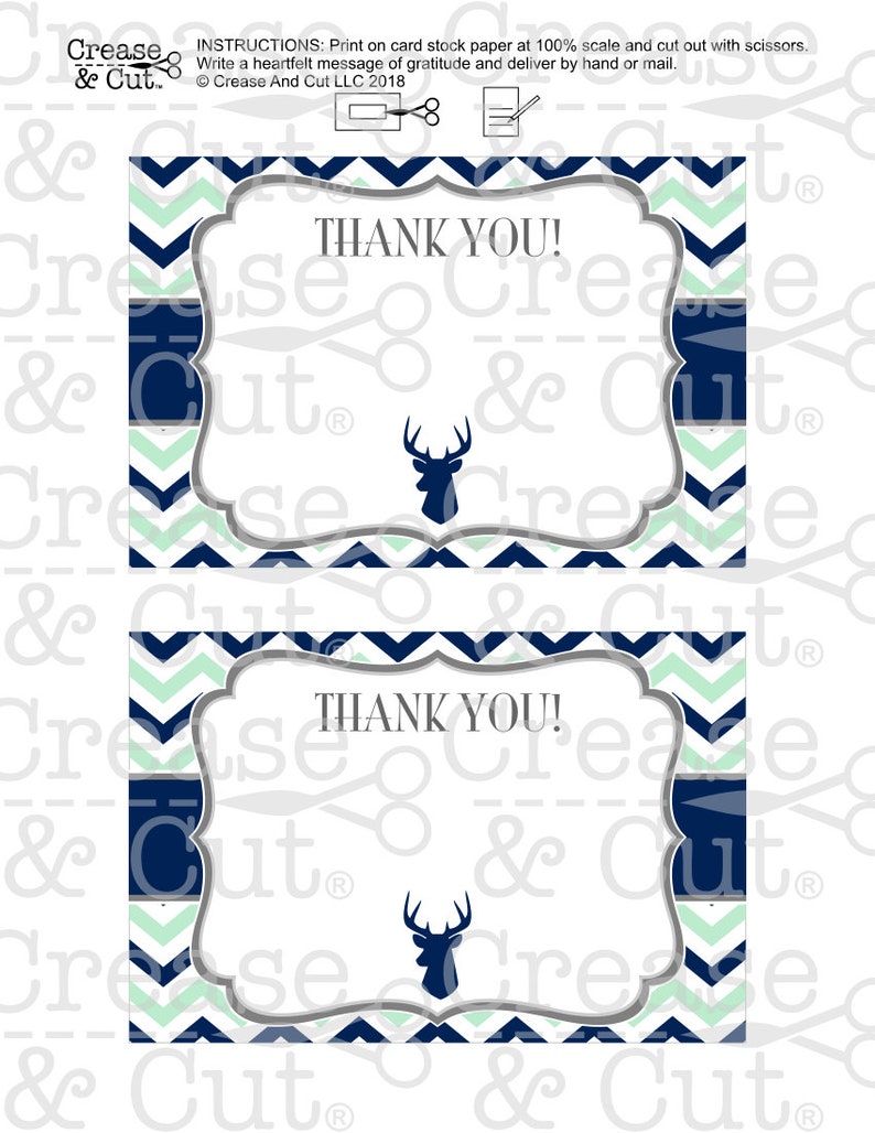 Mint Green Dark Navy Blue Deer Blank Thank You Cards Digital PDF Instant Download for Deer Themed Boy Baby Shower