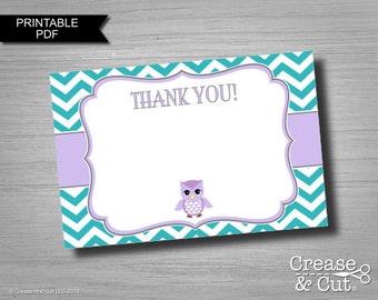 DIY Printable Lavender Purple Teal Green Owl Baby Shower Blank Thank You Cards Digital Printable PDF Instant Download