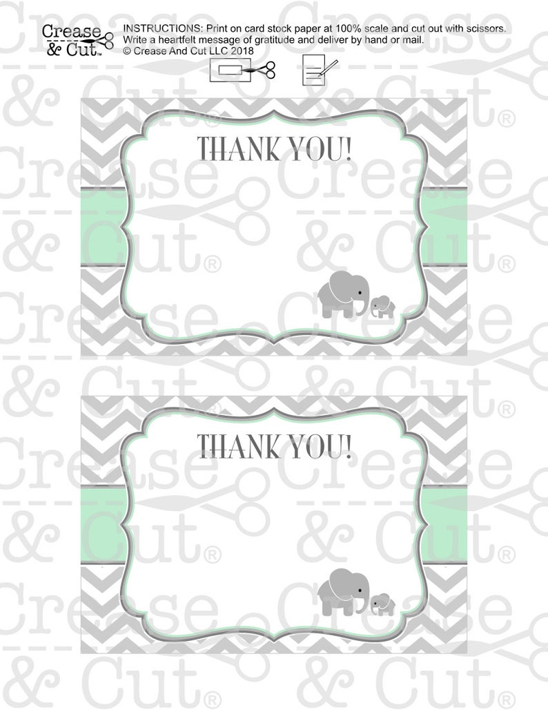 Printable Elephant Thank You Cards in Mint Green and Gray Baby Shower Elephant Themed Party Digital Stationary Template PDF Instant Download