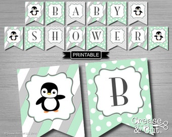 Penguin Baby Shower Banner Baby Shower Decorations Bunting Flags Mint Green Gray Penguin Gender Neutral Baby Printable PDF Instant Download