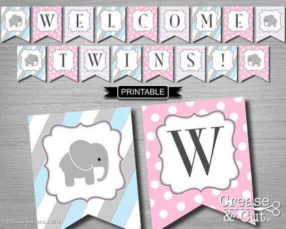 Elephant Boy Girl Twins Baby Shower Decorations Xl Banner Pdf Etsy