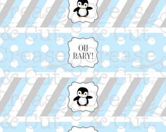 Pingouin Baby Shower Water Bottle Label Wrappers PDF numérique imprimable pour garçon Baby Shower ou bébé saupoudrer en bleu bébé et gris - Oh bébé !