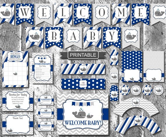 Navy Blue Grey Chevron Whale Boy Baby Shower Decorations Etsy