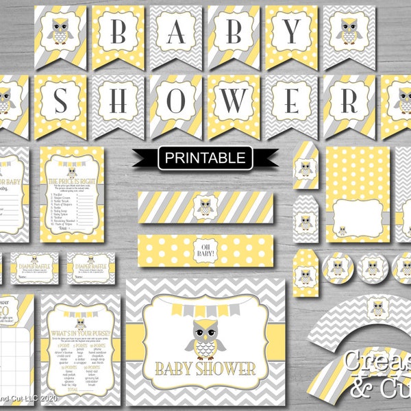 DIY Printable Yellow Gray Chevron Owl Themed Baby Shower Gender Neutral Party Decorations Games Package PDFs Instant Download-Baby Shower