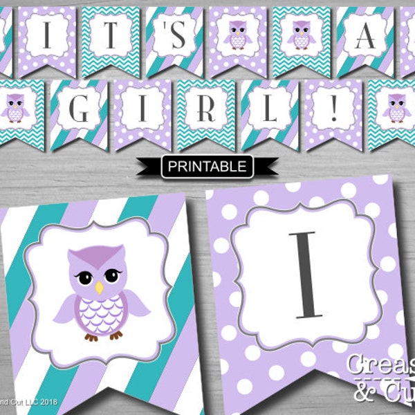 DIY Girl Owl Baby Shower Banner Printable PDF Instant Download in Lavender Purple and Teal Green- It's A Girl!