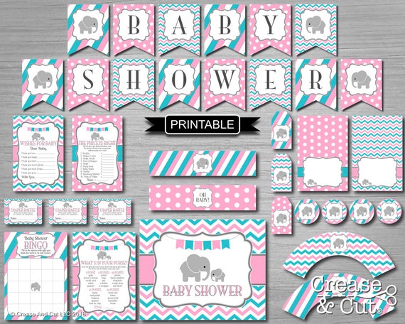 Pink And Teal Chevron Girl Elephant Baby Shower Decorations Etsy