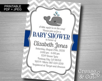 Navy Blue Gray Chevron Whale Baby Shower Printable Invitation Personalized for You Digital PDF and JPEG in 4x6 or 5x7 Inch Size