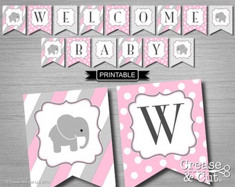 Pink and Gray Girl Elephant Baby Shower Decorations Banner Bunting Flags Digital Printable Elephant Theme PDF Instant Download-Welcome Baby