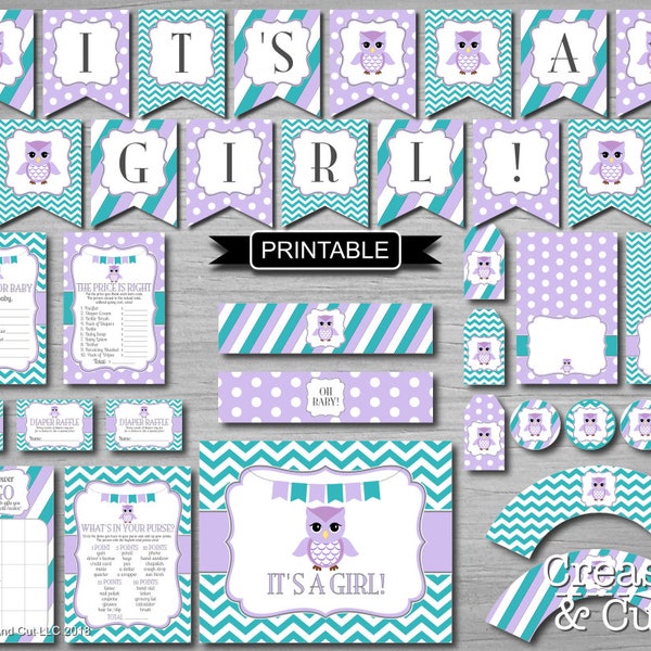 Lavender Purple Teal Green Owl Girl Baby Shower Decorations and Games Package Printable PDFs Instant Download-It's A Girl!