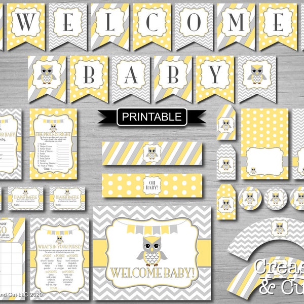 DIY Printable Yellow Gray Chevron Owl Themed Baby Sprinkle Gender Neutral Party Decorations Games Package PDFs Instant Download-Welcome Baby