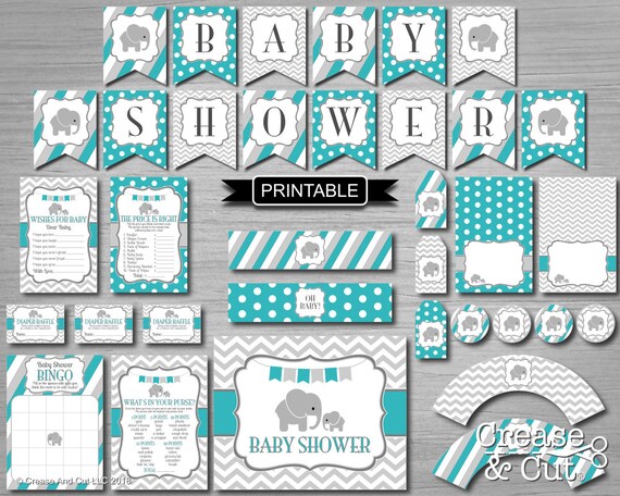 Teal Green Grey Elephant Baby Shower Decorations Package Digital