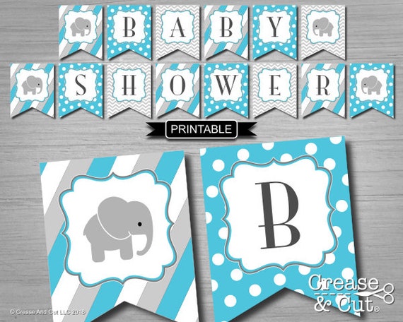 Turquoise Blue Elephant Baby Shower Banner Printable Bunting Flags