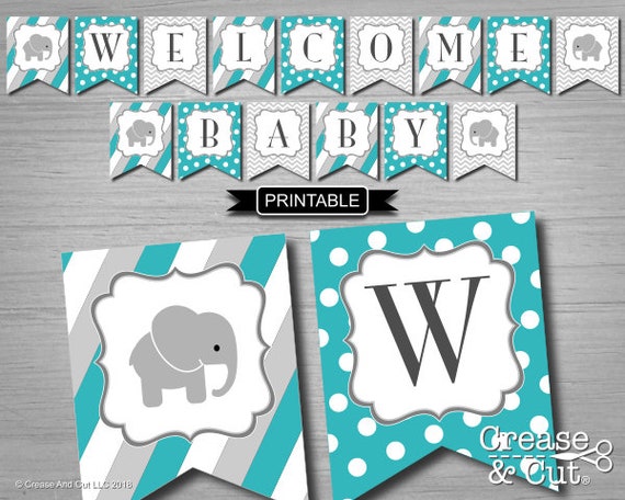 Teal Green Grey Chevron Elephant Baby Shower Decorations Banner.