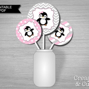 Printable Centerpiece Circles for Penguin Baby Shower in Pink and Grey with Bow Girl Baby Shower Decorations Printable PDF Instant Download