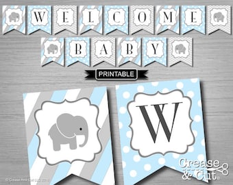 Baby Blue and Grey Elephant Baby Shower Decorations Banner Bunting Flags Digital Printable PDF Instant Download-Welcome Baby