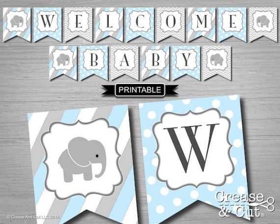 Baby Blue And Grey Elephant Baby Shower Decorations Banner Etsy