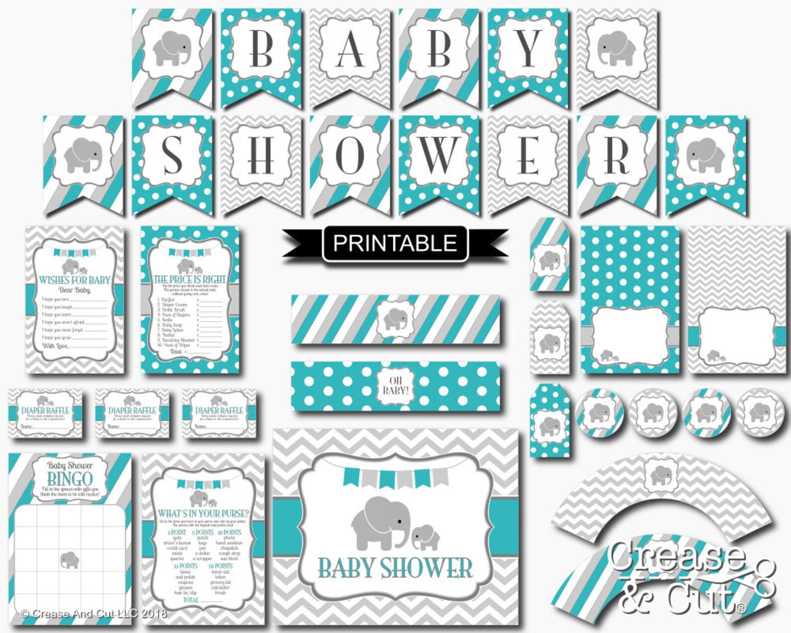Teal Green Grey Elephant Baby Shower Decorations Package | Etsy