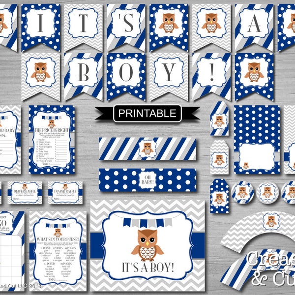 Navy Blue Gray Brown Owl Boy Baby Shower Decorations XL Banner and Games Printable Package Instant Downloads PDFs- It's A Boy!