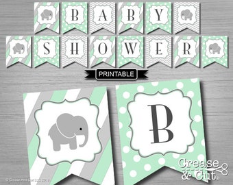 Mint Green Grey Elephant Baby Shower Banner Printable PDF Instant Download, Baby Shower Decorations Garland Bunting Flags Gender Neutral