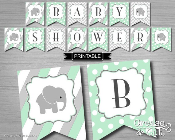 Mint Green Grey Elephant Baby Shower Banner Printable PDF Instant.