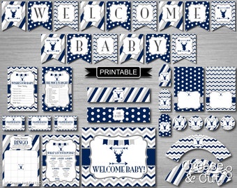 Printable Arrows Deer Stag Buck Boy Baby Shower Decorations and Games Package with 8x10 Inch Banner in Dark Blue and Gray PDFs- Welcome Baby