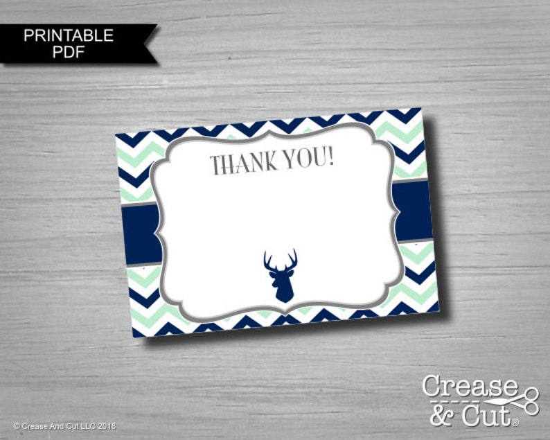 Mint Green Dark Navy Blue Deer Blank Thank You Cards Digital PDF Instant Download for Deer Themed Boy Baby Shower
