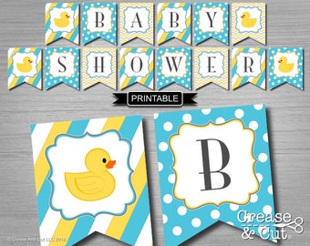 Ducky Baby Shower Banner Flags Printable PDF Instant Download in Turquoise Blue Yellow Chevron Boy or Girl Gender Neutral Baby Shower