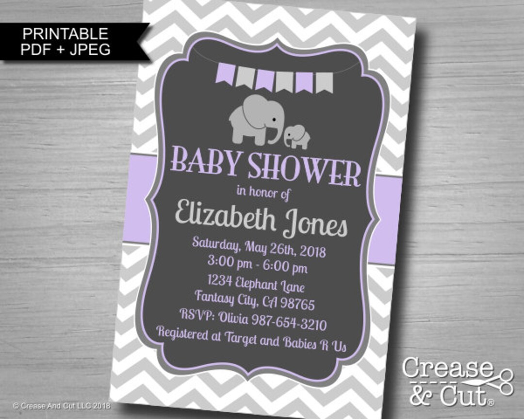 Lavender Elephant Baby Shower Invitation Printable Etsy