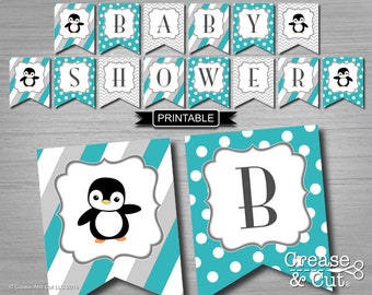 Penguin Baby Shower Banner Baby Shower Decorations Bunting Flags Teal Green Gray Penguin Gender Neutral Baby Printable PDF Instant Download