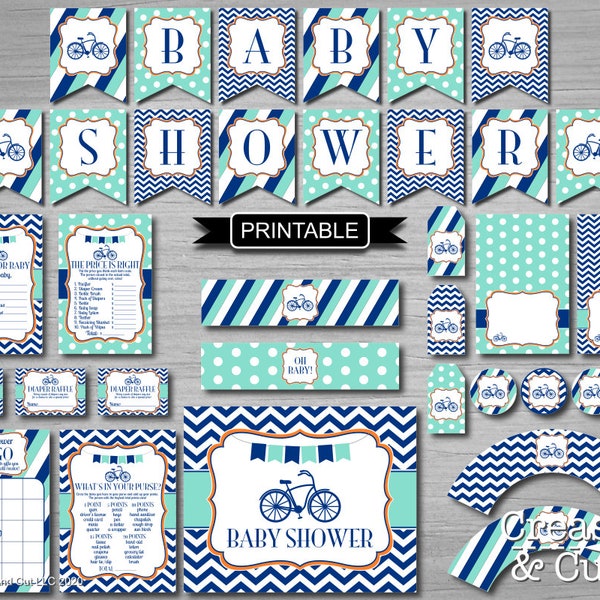 Bicycle Baby Shower Decorations Baby Shower Banner Bingo Raffle Games Printable Digital PDF Package Instant Download in Aqua Navy Orange