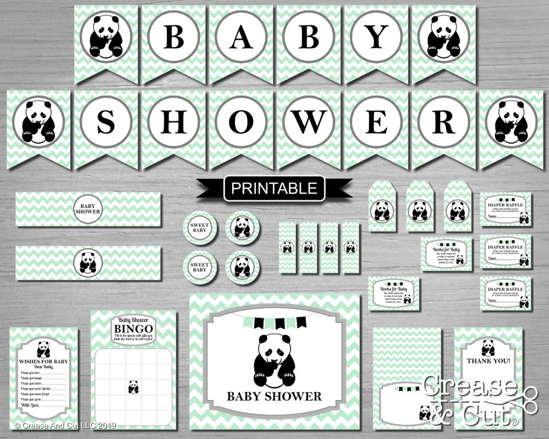 Mint Green Gender Neutral Panda Baby Shower Decorations Package Digital ...