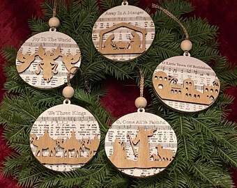Hymn Ornaments, Away in a Manger, Joy to the World plus 4 more