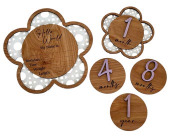 Engraved Baby Monthly Milestone Markers, Floral Rattan, First Year, Name & Stat Marker, Newborn Gift, Baby Shower, Baby Photo Op