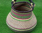 Ghana Large Pot Basket-Volta-Bolga Basket-African Woven Grass Basket-Leather Handle Basket