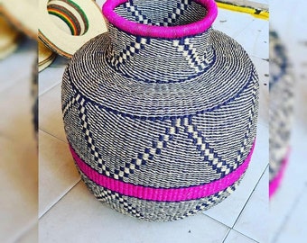 Purple and black woven flower pot-Bolga flower pot basket-home decor-flower vase-Bolga storage basket-Afrocentric basket-gift ideas-m-fancy