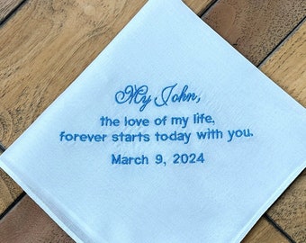 Personalized Groom Pocket Square, Embroidered wedding handkerchief for the Groom, Gift for the Groom from the Bride