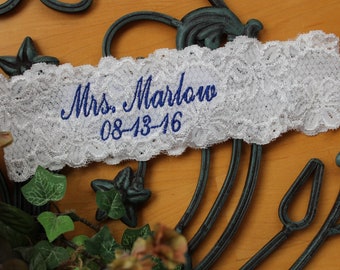 Custom Bridal Something Blue Wedding Garter, Personalized Bachelorette gift, White Stretchy Lace Garter, Custom Size for Petite to Plus Size